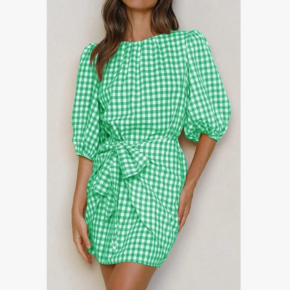 Womens Casual Plaid Crewneck Lantern Sleeve Wrap Tie Waist Party Short MiniDress